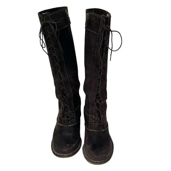 Frye Lace Villager Tall Brown Distressed Leather Lace-up Heeled Boots 6.5 77610 - Picture 3 of 12